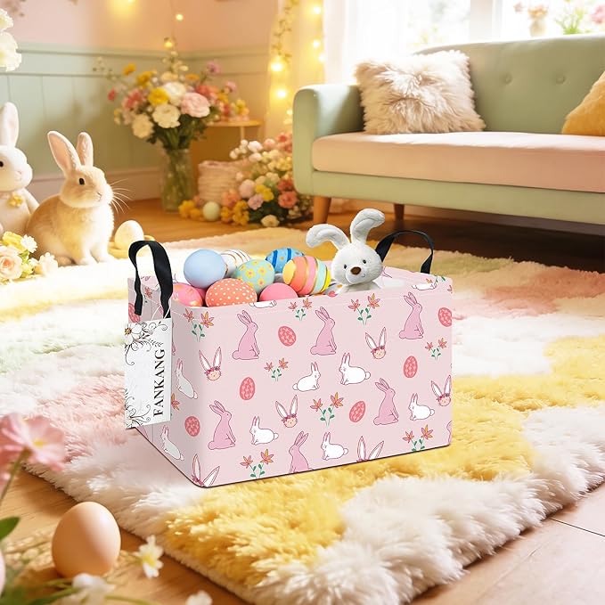 FANKANG Storage Bins,Nursery Hamper Canvas Laundry Basket Foldable with Waterproof PE Coating Storage Baskets for Boys and Girls, Office, Bedroom, Clothes,Toys(Rec-Rabbit ）
