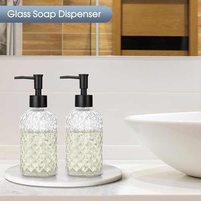 2 Pack Gem Glass Soap Dispenser with Black Plastic Pump, 13oz Liquid Hand Soap Dispenser, Rustproof Pump for Kitchen & Bathroom, Great for Lotions, Essential Oil, Liquid Soaps-Clear