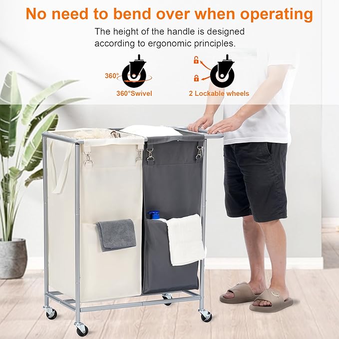 Heybly Laundry Basket, 2 x 18.5 Gal Laundry Separator Hamper with Heavy Duty Rolling Wheels, Divider Sorter with Removable Bags, Dirty Clothes Storage, 29.1 x 15.4 x 33.1 Inches HLH021P02