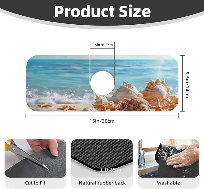 Faucet Draining Mat For Kitchen Sink, Beach Seashells Starfish Diatom Mud Absorbent Drain Pad For Bathroom Kitchen Sink Splash Guard Drying Mat