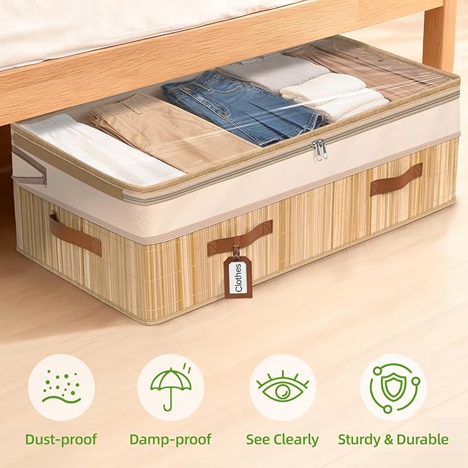Livole Bamboo Under Bed Storage, 6-10 inches Height Adjustable Underbed Storage Containers, 92L XXXL Large Under Bed Storage Bins with Clear Lid & Label for Clothes, Blankets, Sweater, Shoes, 1 Pack