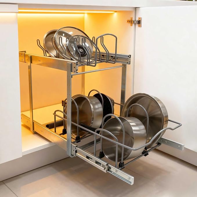 2 Tier Pull Out Pot and Pan Organizer,(11½"W x 22" D) Pull Out Cabinet Organizer for Pot Pan Lid Organization, Individual Pull Out Cabinet Organizer for 15 inch and above cabinet (11½"W x 22"D)