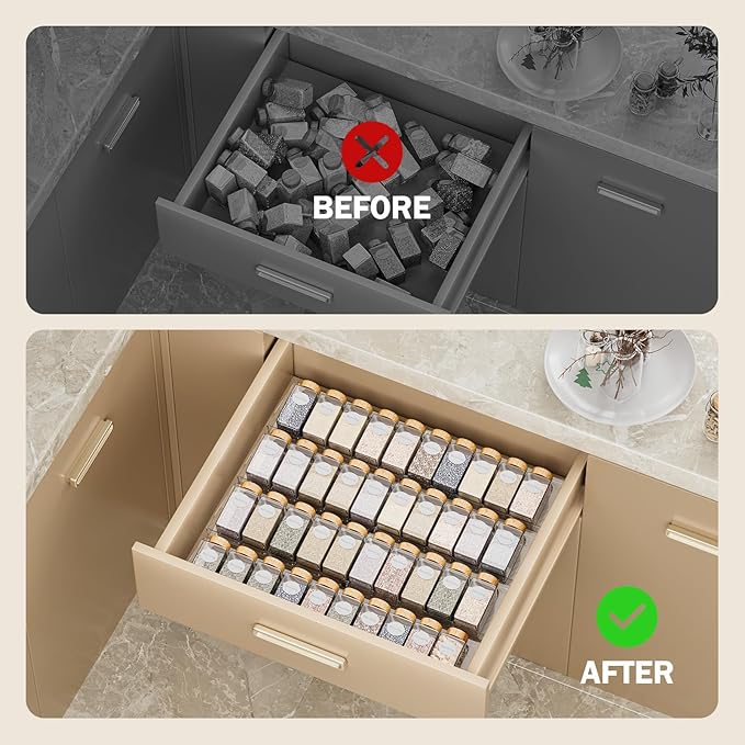 Spice Drawer Organizer, 4 Pack Clear Seasoning Organizer Rack, Expandable From 11" to 22" Wide Kitchen Spice Rack Organizers for Drawer, Countertop (Jars Not Included)