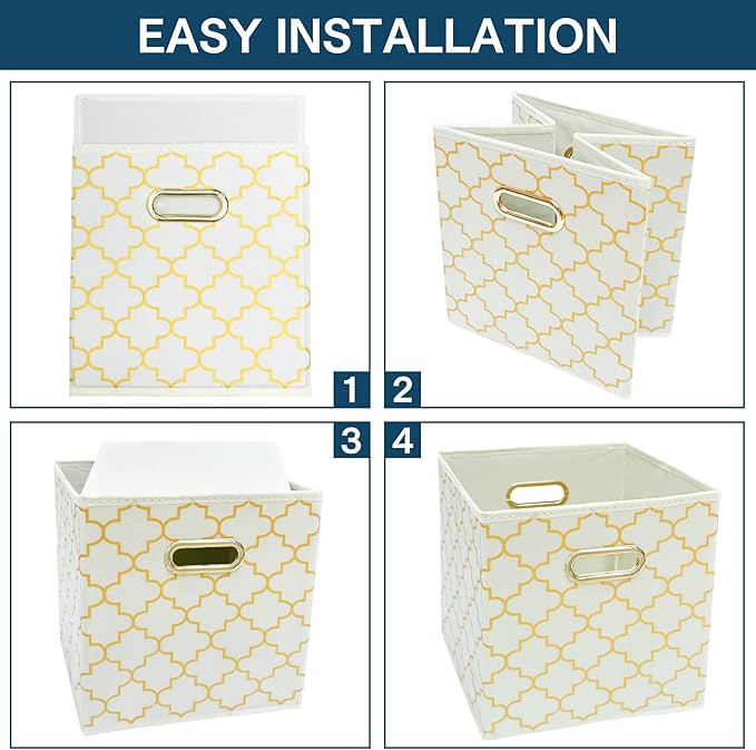 Fabric storage bins Cubes, Fabric Cube Organizer with Handle, Foldable Cube Bins for Cloth or Accessary Storage, 11x11x11, Set of 3, (Creamy-White Gold)
