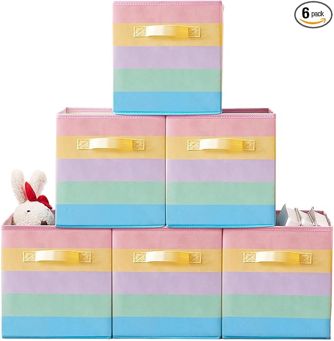 11 Inch Fabric Collapsible Storage Cubes,6 Pack Rainbow Colored Closet Storage Bins with 2 Handles Foldable Cube Baskets for Organizing Clothes, Toys, Books