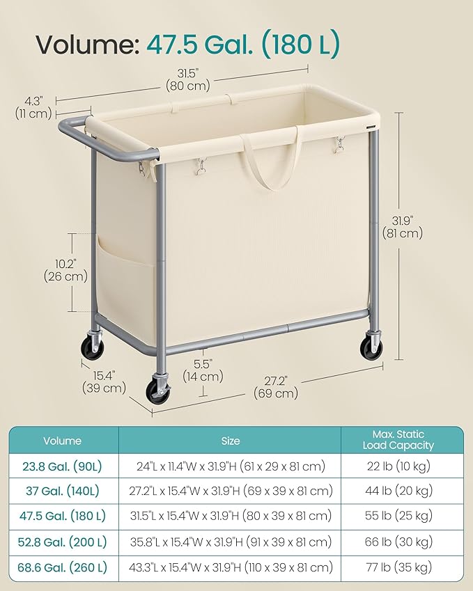 SONGMICS Laundry Basket with Wheels, Rolling Laundry Hamper, 47.5 Gallons (180 L), Removable Liner, Steel Frame with Handle, 31.5 x 15.4 x 31.9 Inches, Cream White URLS011W01