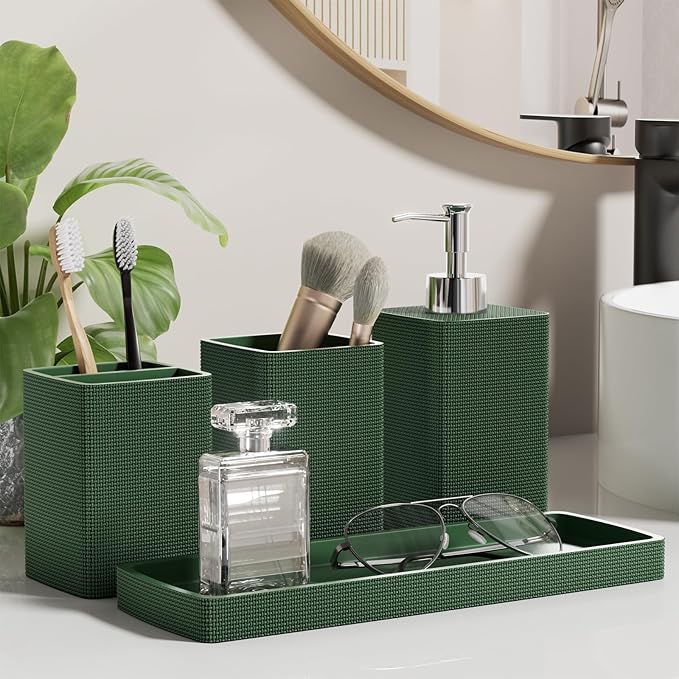 Green Bathroom Set, Dark Green Bathroom Accessories Set with Shower Curtain and Rugs, Bath Towel Sets, Natural Loofah Sponge, Soap Dispenser, Toothbrush Holder, Bathroom Tumbler and Tray for Bathroom