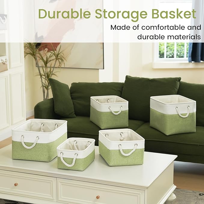 Large Storage Baskets- 15x11x10 inch Storage Bins for Shelves and Closet Organizing, Foldable Fabric Bin for Home Organization Clothes and Laundry (1-Pack, White&Green)