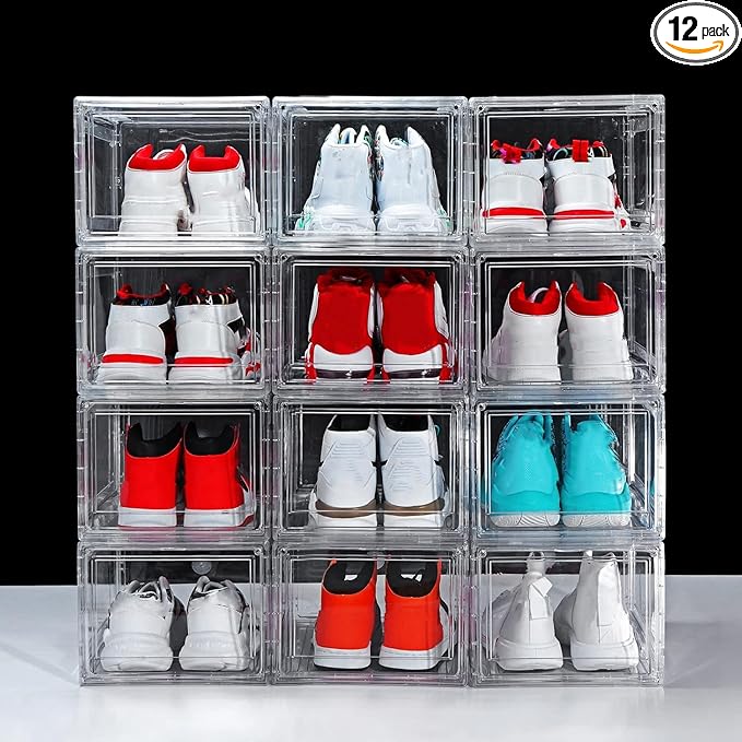 12 Pack Shoe Boxes, Clear Acrylic Plastic Shoe Boxes Stackable, Space-Saving Foldable Drop Front Shoe Storage Boxes Container for With Lids Fits Up to Size 15 (Transparency)