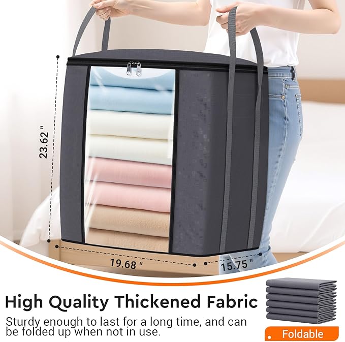 120L Extra Large Clothes Storage Bags, Foldable Blanket Storage and Organization, Thick Fabric Containers with Reinforced Handles & Zippers for Clothing, Comforters, Bedding, Gray, 6 Pack