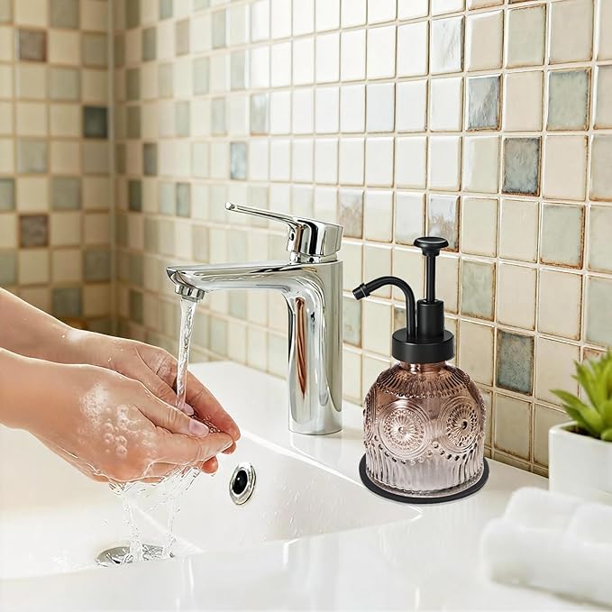 SheeChung Vintage Soap Dispenser, Kitchen Dish Soap Dispensers with Pump Mat, Glass Hand Soap Dispenser for Bathroom, Liquid, Lotion, Refillable, Rustic Farmhouse Decor-Brown (Black Pump, 2 pk)
