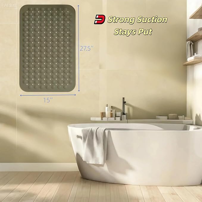 Bath and Shower Safety Mats 27.5x15 inch, Non Slip with Strong Suction Cups for Bathroom Stall and Tub Floor, Extra Large and Machine Washable, Drain Holes Keep Bathtub Clean, Soft on Feet, Grey