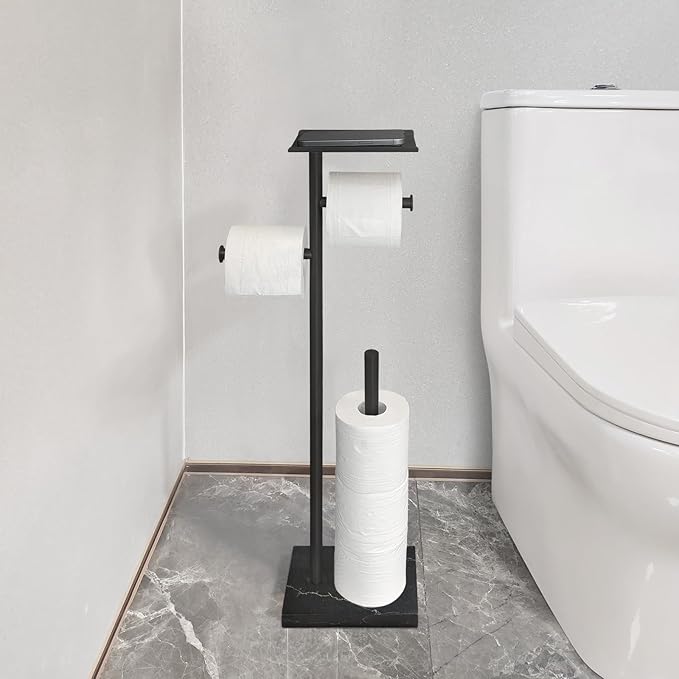 GZILA Toilet Paper Holder Stand with Shelf, Marble Base Free Standing Toilet Paper Double Roll Holder Dispenser, SUS 304 Stainless Steel Storages 5 Reserve Rolls Matte Black