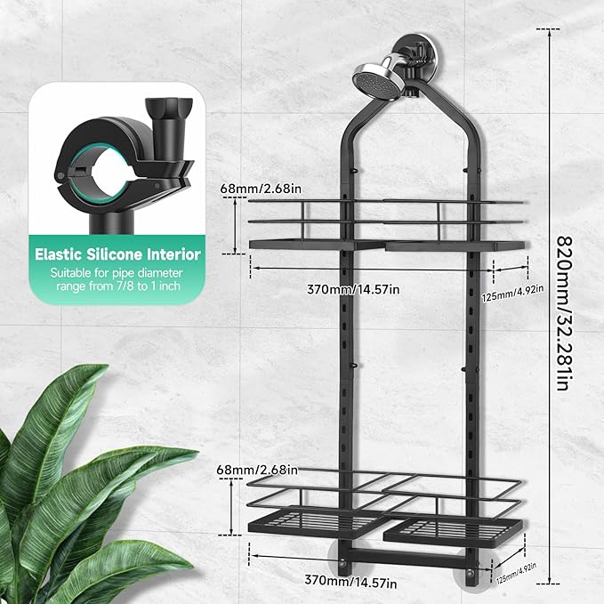 Shower Caddy Hanging for Handheld Showerheads Adjustable Height Extra Long Bathroom Storage Organizer Hanger Rack Rustproof Hose Shower Organizer 4 Levels Height Shower Rack（black