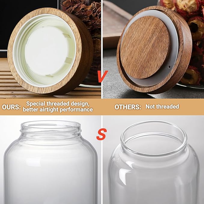 50 Fl oz/1500 ml Clear Glass Jar with Airtight Wooden Screw Lid, Glass Pantry Canister for 500g Coffee Beans, Kitchen Food Storage Containers for Rice,Flour,Pasta,Sugar,Honey,Tea, Spice,Cereal