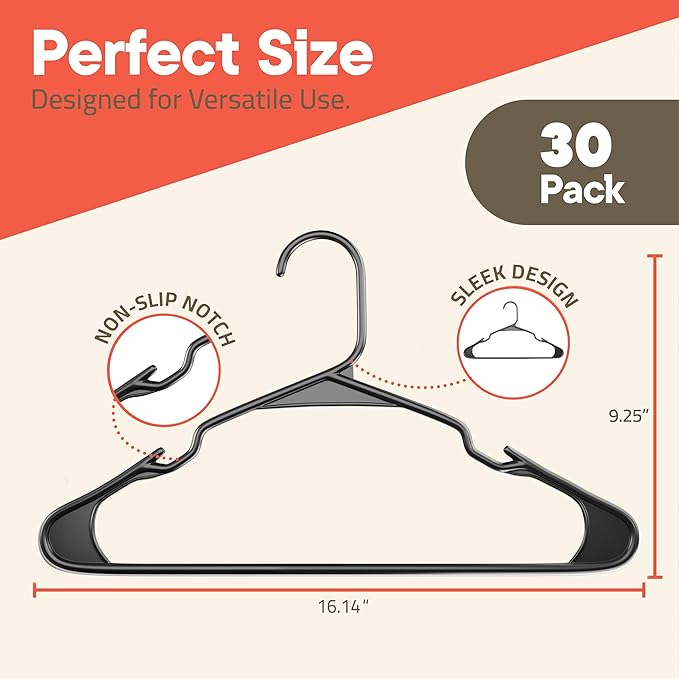 Gray Plastic Hangers 30 Pack– Heavy-Duty Plastic Hangers Slim and Space-Saving, Durable and Lightweight PP with Non-Slip Shoulder Notches for Slip Dresses, Suits, Jackets & Camisoles