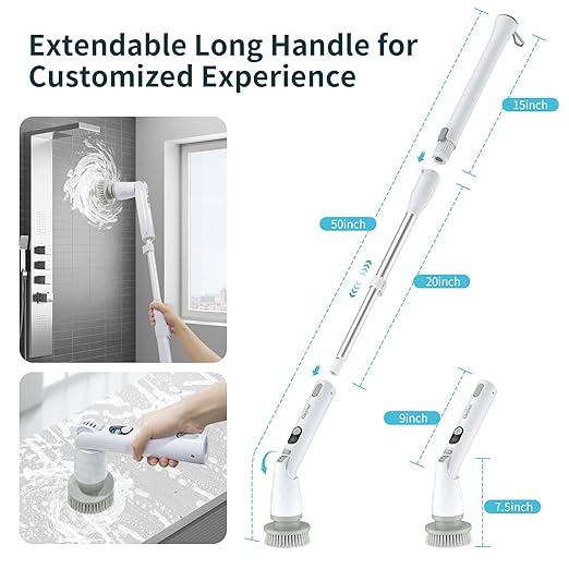 Electric Bathroom Scrubber with Long Handle, Electric Spin Scrubber Brush for Shower, Bathtub, Tile, Floor Cleaning-with Adjustable Handle & LCD Display for Easy Cleaning