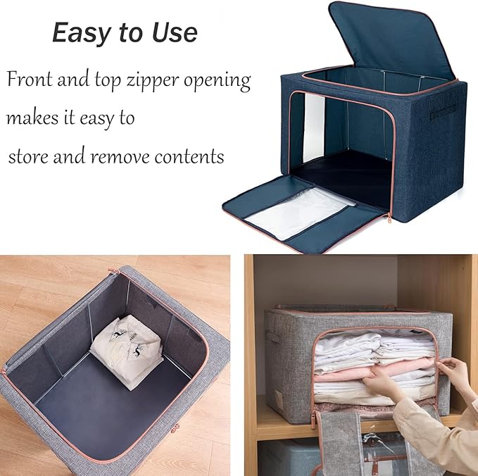 SWEERI Large Storage Bags,Foldable Storage Bins with Hold Shape Metal Frame,Closet Organizer Containers with Zipper,Clear Window,Thick Fabric for Seasonal Clothing,Bedding (66L x 3 Pack)