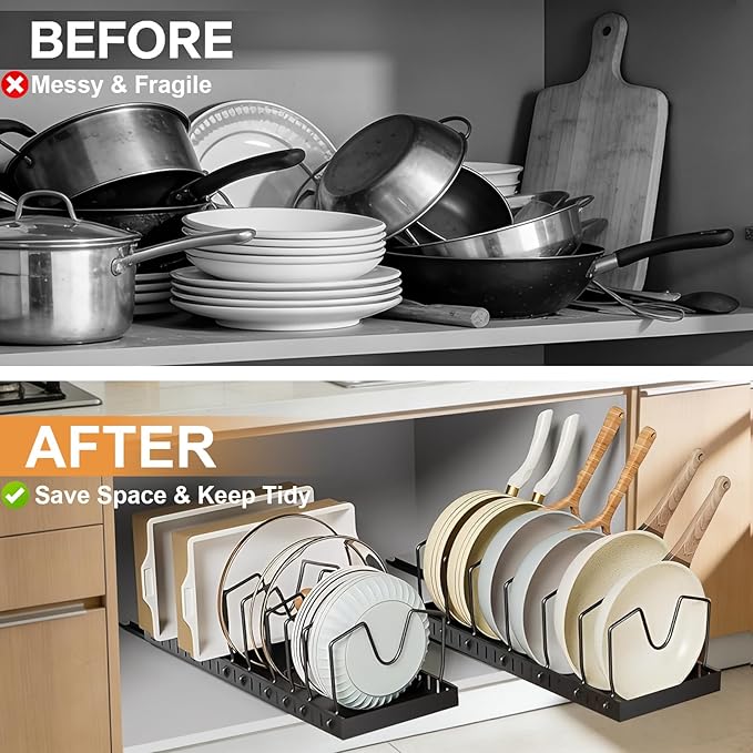 XIAPIA Pull Out Pots and Pans Organizer Under Kitchen Cabinet, Pot Lid Organizers, Slide Out Cookware Storage Rack with 8 Adjustable Dividers, Pull Out Shelves for Dishware Seasoning, (Black, 2 Pack)