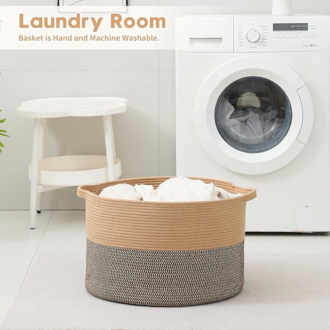 Foldable Laundry Hamper Basket with Collapsible Handle Cotton Rope Soft Woven Fabric Storage Organizer Clothes Toys Nursery Bedroom Dorm Space Saving Bin (Camel & Mix Camel, 115L(23.6"D x 15.7"H))