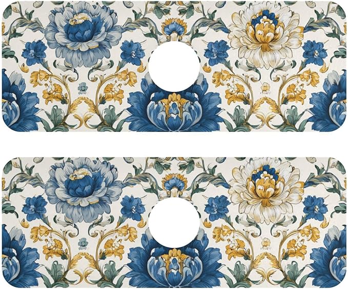 Kitchen Sink Splash Guard 2 PCS 14.7 Inch Sink Faucet Mat Splash Guard for Bathroom Countertop Water Absorbent Foldable Cuttable Soft Washable Royal Floral Blue and Yellow Tile