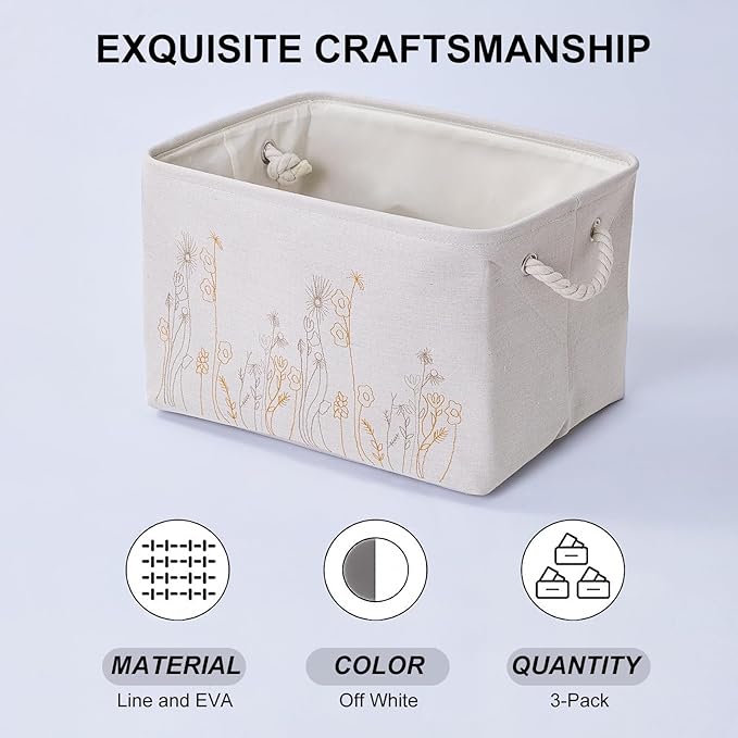 Storage Basket 3 Pack, Fabric Storage Basket for Three Sizes，Floral embroidery,Collapsible Canvas Storage Baskets for Organizing,Shelf,Nursery,Home,Closet,with Cotton Rope Handle(Off White-3PCS)