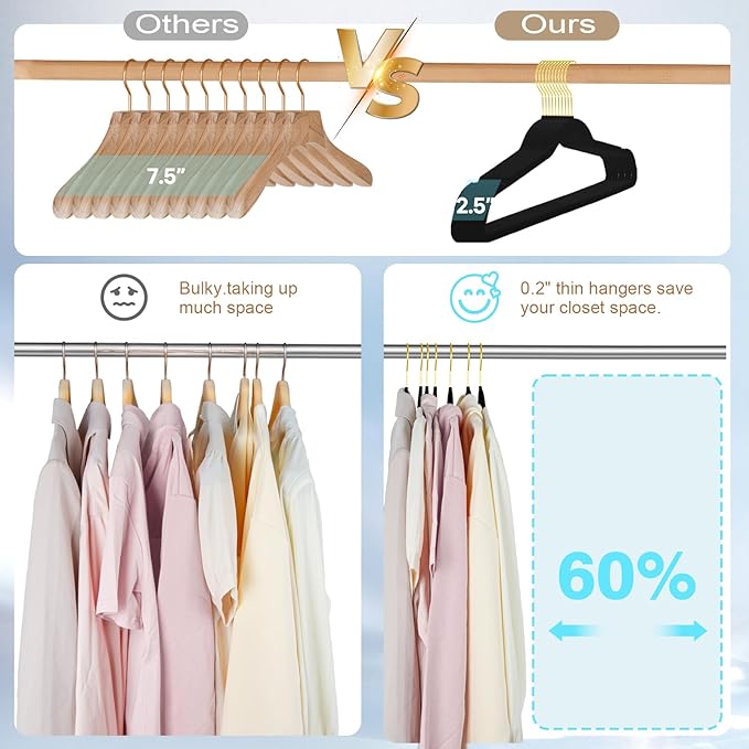 UNEED Black Velvet Hangers with Golden Hooks, 22 Pack - Ultra Thin Space Saving, Non-Slip Clothes Hangers for All Clothing, Dorm & Closet Organization (Heavy Duty, Anti-Scratch,360° Protection)