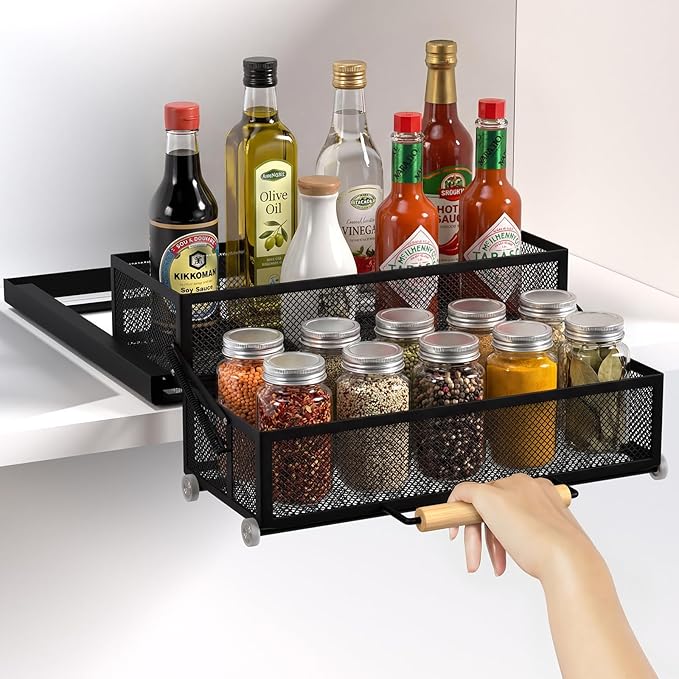 HOUSE AGAIN Pull Out Cabinet Organizer, Recessed 2-Tier Drop Down Storage for High/Deep Cabinets, Compact 12-Inch Hidden Organizer for Spices, Snacks and Small Bottles (Black)