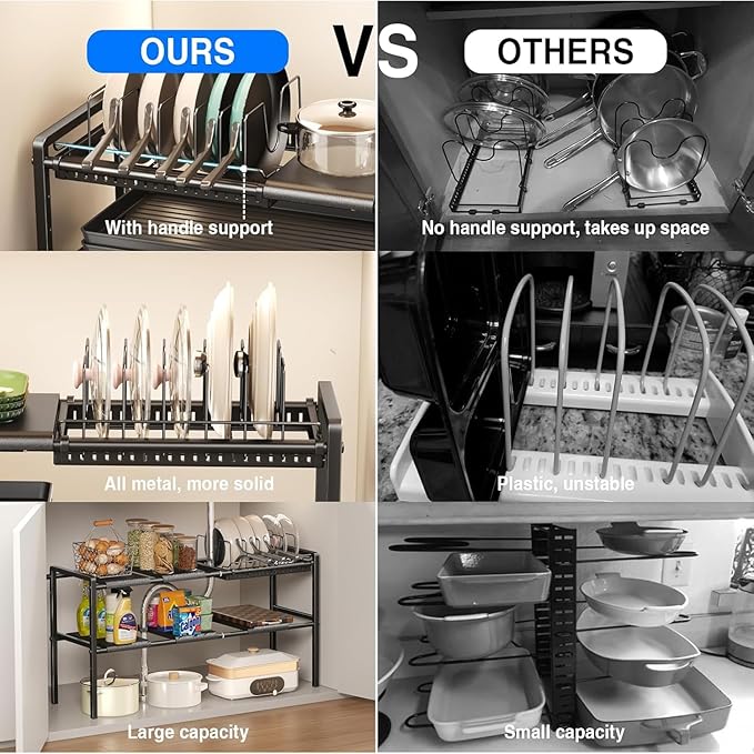 Pots and Pans Organizer Under Cabinet, Expandable 2 Tier Under Sink Organizers and Storage Adjustable Height Kitchen Pot and Pan Lid Holder Rack with 6 Dividers(6panels,1 Pot rack, Black)