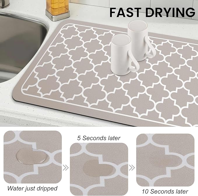 WISELIFE Dish Drying Mat Super Absorbent Drying Mat Large Dish Drying Mats for Kitchen Counter Easy Clean Dish Mat Kitchen Drying Mat18"x 36" Stylish Khaki