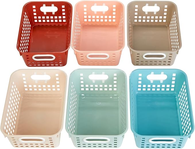 Really Good Stuff Medium Plastic Book Baskets, 11" by 7.5" by 4.5", 6 Pack, Boho Group Colors, Versatile Storage Solution for Classroom, Home, and Office