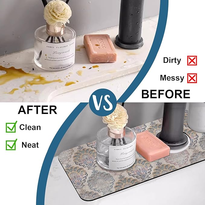 Grey Ceramic Printing Sink Splash Guard Ceramic Texture Faucet Absorbing Mat Fast Drying Mat Sink Gadgets Splash Guard Behind Faucet Drip Catcher for Kitchen Bathroom, 15.5"x5.5"