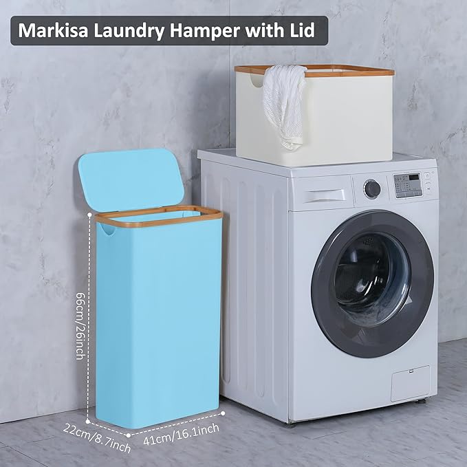 Slim Laundry Basket,60L Laundry Hamper with Lid, Tall Hamper for Laundry,Dirty Cloth Hamper with Bamboo Handle for Toys,Towels, Clothes Organizing,Blue