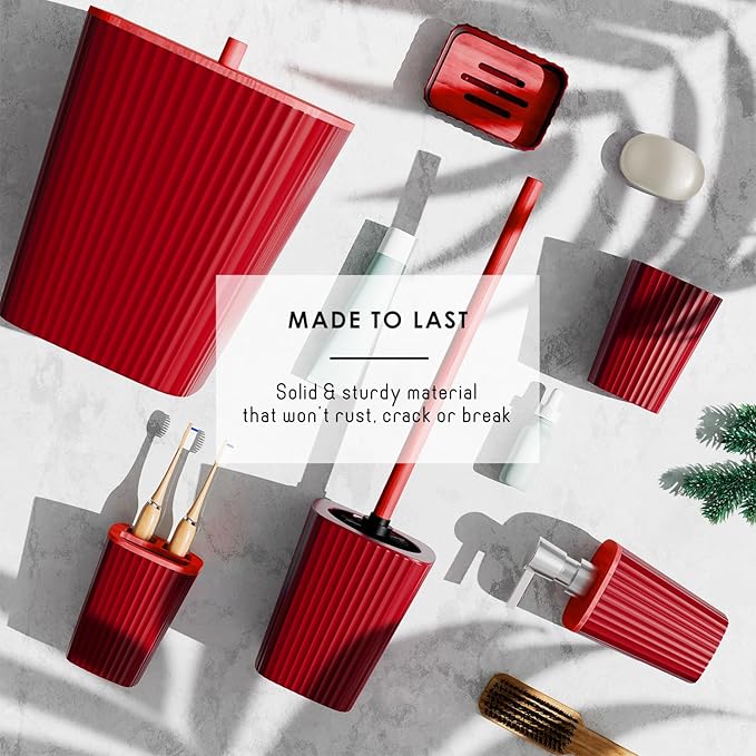 Clara Clark Bathroom Set - Christmas Bathroom Sets, Xmas Bathroom Accessories Set, Christmas Bathroom Decor, 6PC Bathroom Accessory Set with Toilet Brush, Trash Can & Soap Dispenser
