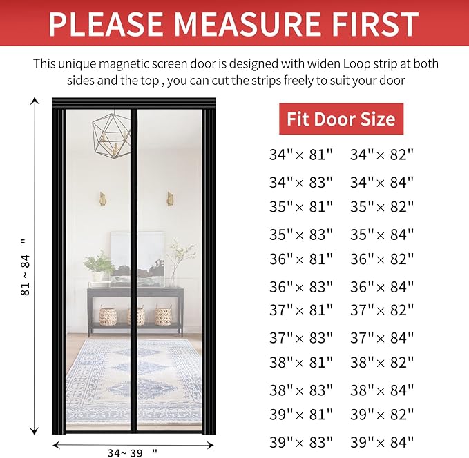 Transparent DIY Adjustable Insulated Door Curtain Fit Doors Size Width 34" - 39" Height 81" - 84"- Reinforced Self Sealing Magnetic Screen Door, Hands Free Door Screen with Closure Weighted Bottom