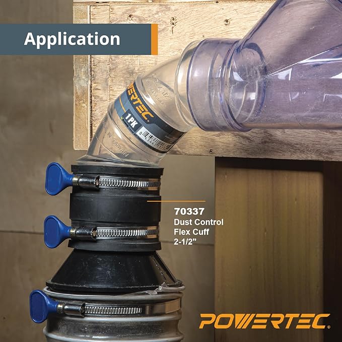 POWERTEC 70402 4" to 2-1/2" Hose Cone Reducer and 2-1/2" Dust Control Flex Cuff with Adjustable Key Hose Clamps for Dust Collection on Power Tool and Vacuum