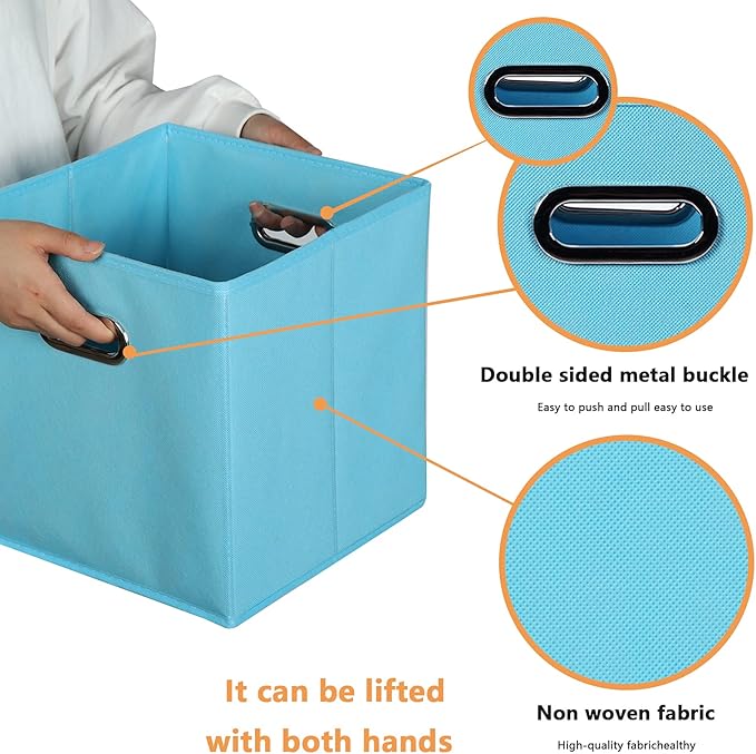 Yunkeeeper storage bins Cubes, Fabric Cube Organizer with Handle, Foldable Cube Bins for Cloth or Accessary Storage, 11x11x11, Set of 3, (Blue)