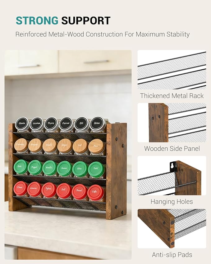 NESAPTO Spice Rack Organizer for Cabinet, Wooden 4 Tier Vertical Seasoning Organizers for Kitchen Pantry, Countertop/Wall Mount, Holds 24 Spice Jars (No Jars Included),12.2" W × 9.4" H
