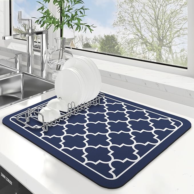WISELIFE Dish Drying Mat Super Absorbent Drying Mat Large Dish Drying Mats for Kitchen Counter Easy Clean Dish Mat Kitchen Drying Mat15"x 18" Stylish Blue