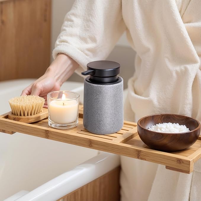 Liquid Soap Dispenser with Easy-to-Press Pump, 10 oz Refillable Hand Soap Dispenser with Extended Spout for Bathroom Kitchen Dish Lotion, Modern Stone Texture (Gray)