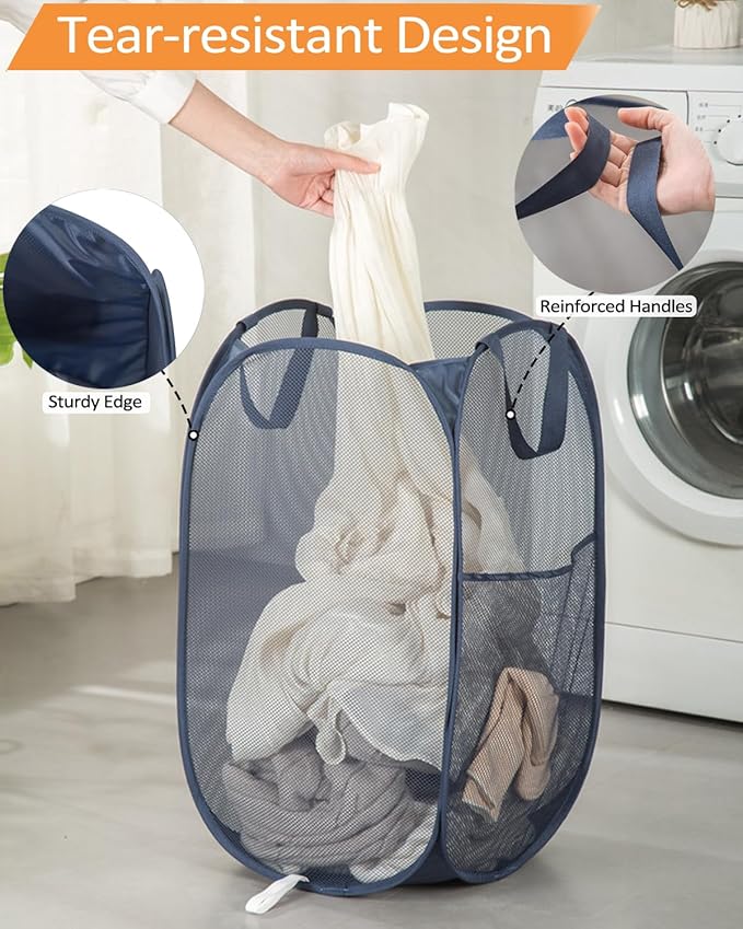 Navy Blue Durable Foldable Laundry Hamper, 22.8 x 14.2 x 14.2 inches