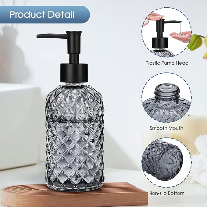 2 Pack Gem Glass Soap Dispenser with Black Plastic Pump, 13oz Liquid Hand Soap Dispenser, Rustproof Pump for Kitchen & Bathroom, Great for Lotions, Essential Oil, Liquid Soaps-Gray
