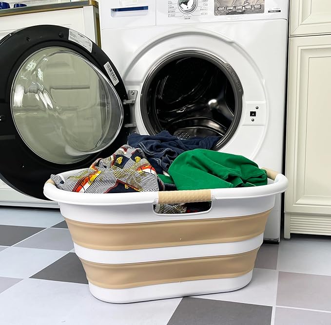 SAMMART 40L (10.5 gallon) Plastic Foldable Laundry Basket/Tub - Collapsible, Space Saving and Portable Laundry Hamper, Ideal for Home, Travel, Dorm, and Camping (1, White/Beige)