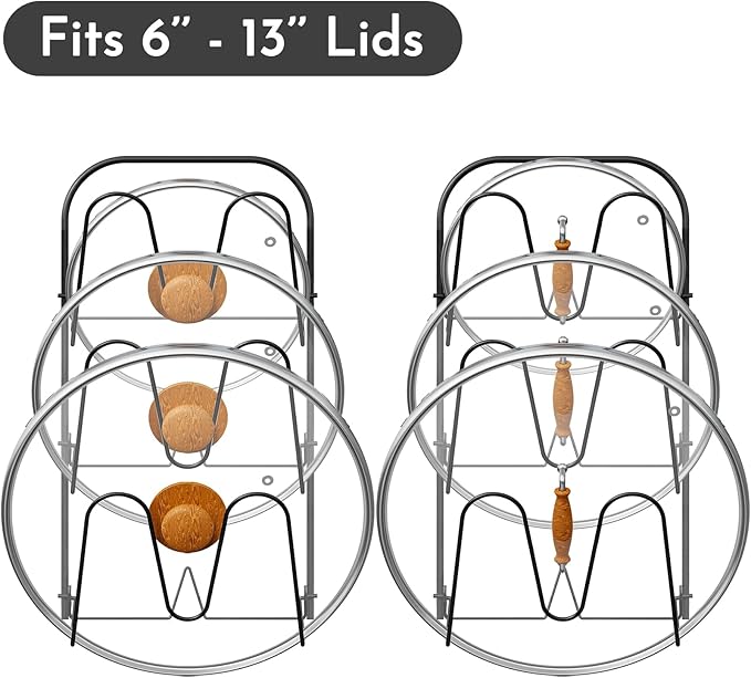 Universal Adjustable Pot Lid Holder Organizer for Cabinet - Upgraded Patented Niceyos 2 Sets Pan Lids Organizers Inside Cabinet Door Wall Mount Pots Top Rack for Kitchen Cupboard Fit 6" to 13" (Black)