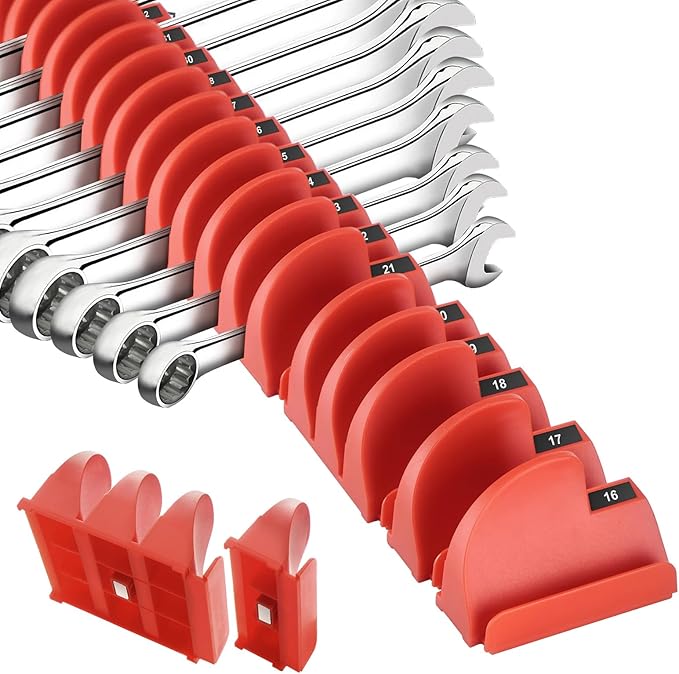32PCS Magnetic Wrench Organizer - Modular Wrench Holder Set for Tool Drawer Storage, With Metric & SAE Labels, Tool Holder for DIY Mechanics, Fit for Screwdriver, Ratchet, Widget - Red