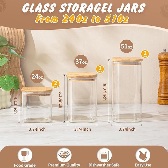 24 Oz/ 37 Oz/ 51 Oz Glass Storage Jars with Bamboo Lids - 6 Pack Clear Glass Canisters Square Airtight Stackable Ideal for Pantry Storage Containers Great for Cereal Coffee Beans Snacks etc