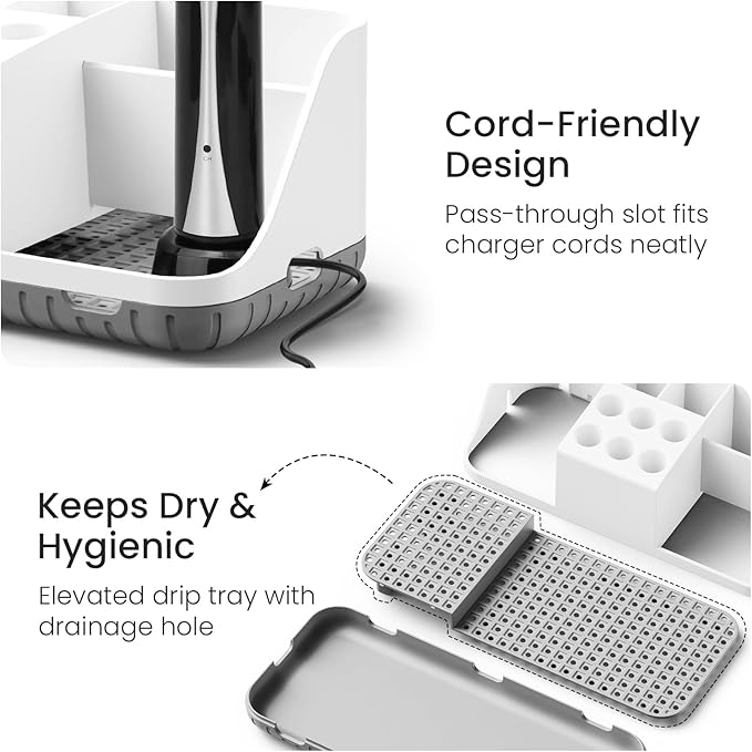 Boperzi Electric Toothbrush Holders with Cord Slots: Detachable Toothbrush and Toothpaste Holders, Large Tooth Brush Storage Caddy Set Drainage, Anti-Slip Bathroom Counter Organizer for Family, Kids