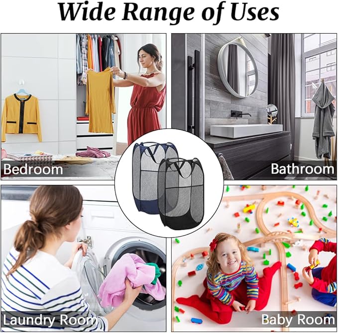 4Pcs Mesh Pop Up Laundry Hamper, FHDUSRYO Foldable Pop Up Hamper, Collapsible Laundry Basket with Carry Handles, Portable Dirty Clothes Basket with 4 Wash Bags, Mesh Hamper for Dorm Bedroom Travel