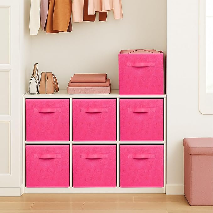 ShellKingdom Storage Bins, Foldable Fabric Storage Cubes with 3D Embossed Rose Pattern, Cloth Organizer Drawer For Closet And Toys, 10.5 X 10.5 X 11 inch, 2 Pack (Fuchsia)