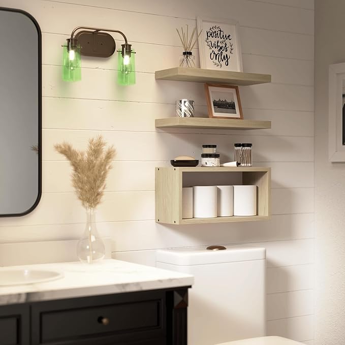 RICHER HOUSE Floating Shelves Set of 3, Modern Bathroom Shelves Wall Mounted with Invisible Brackets Over Toilet, Rustic Wall Shelves for Bathroom Bedroom, Living Room, Kitchen - Light Brown